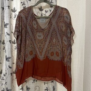 Anthropologie by Mauve Dark Orange and Cream Paisley V-Neck Blouse
